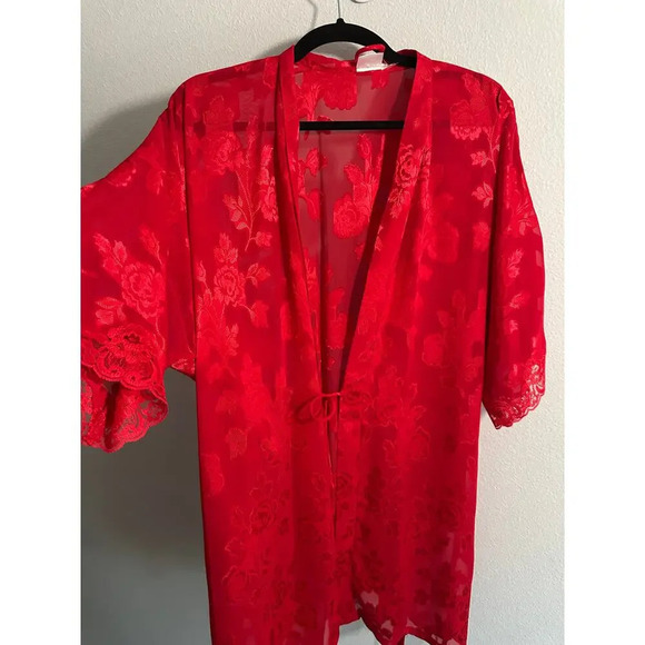 Vintage VTG Frederick’s of Hollywood Lingerie Red Rose Nightgown Chemise Robe - Picture 9 of 10